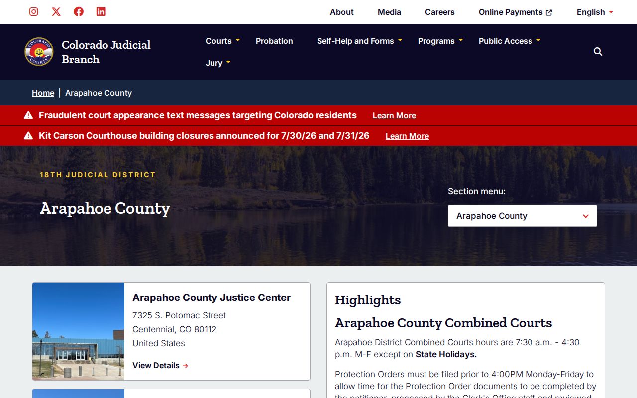 Colorado Judicial Branch Arapahoe County court page
