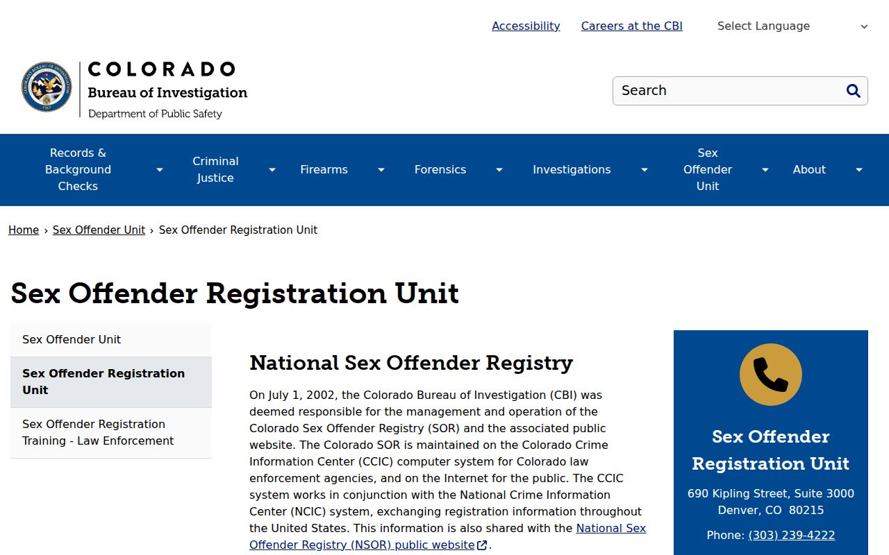 Colorado Bureau of Investigation Sex Offender Registration Unit webpage