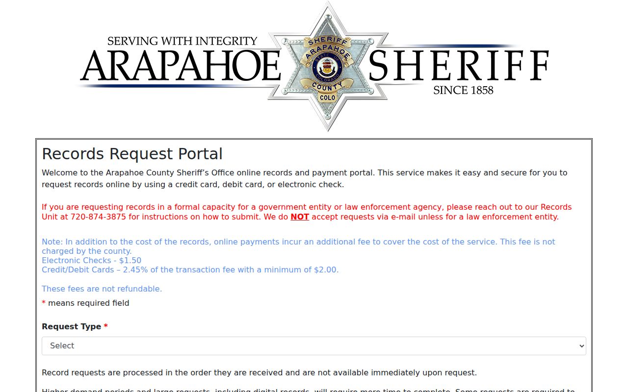 Arapahoe County criminal history ACSO InfoRequest portal